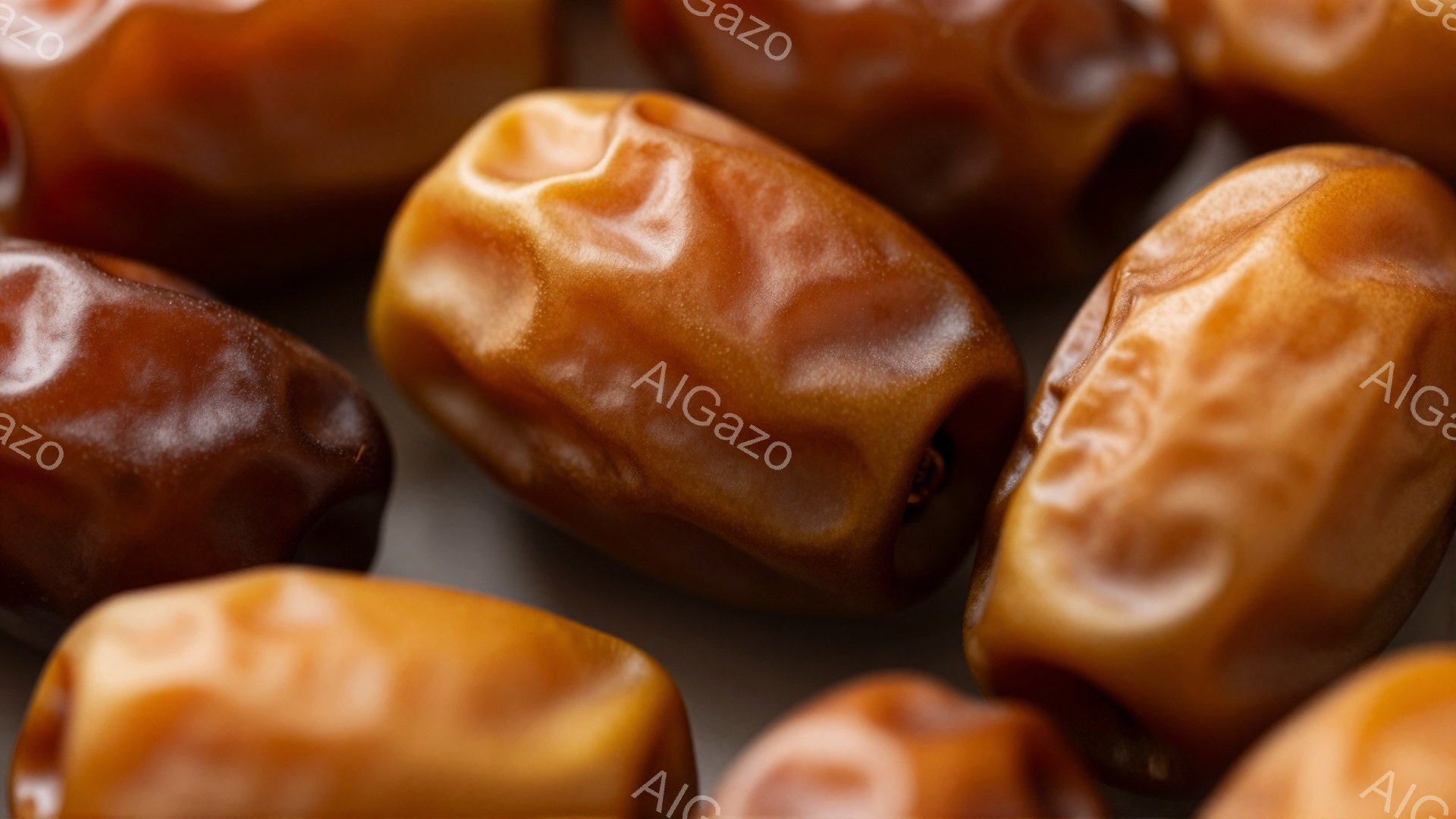 濃い茶色のデーツが多数、灰色がかった背景の上に密集して配置されています。それぞれのデーツはシワが寄り、光沢があり、熟した果実の質感が強調されています。全体的に、暖かく自然な雰囲気で、食欲をそそる印象を与えます。