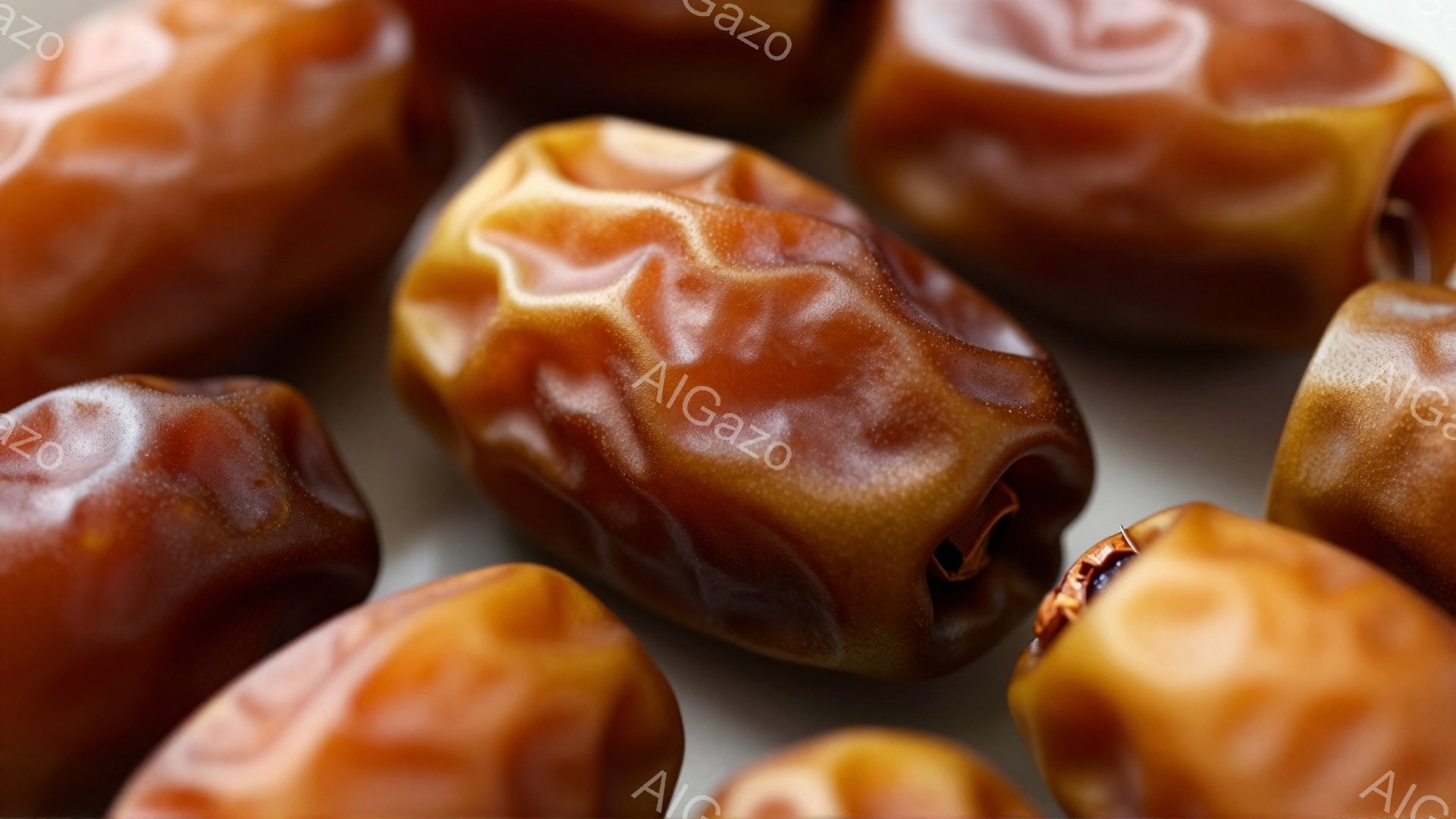 画像には、艶やかな茶色のデーツがいくつか写っています。デーツはしわくちゃで、それぞれが独特の形をしており、自然な光沢があります。背景は淡い色調で、デーツの暖かさと食感を際立たせています。