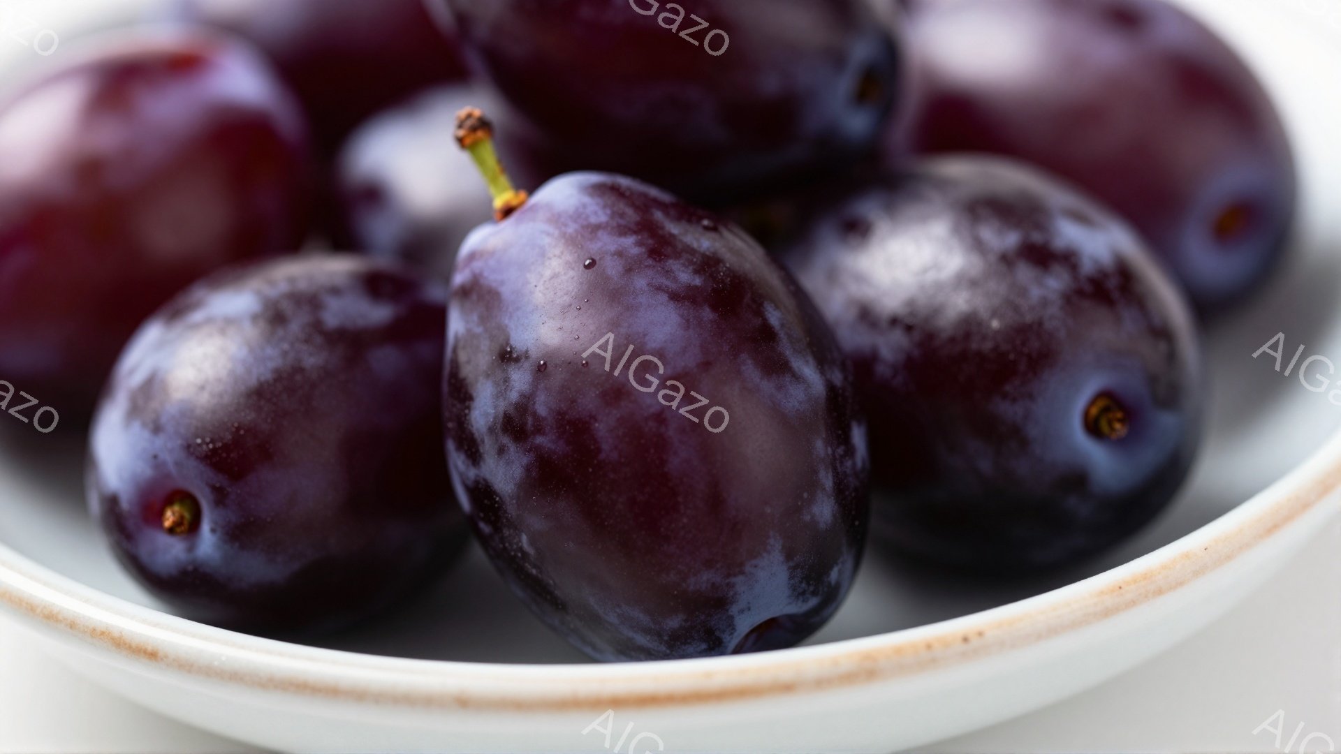 濃い紫色の梅が白いお皿の中にいくつか入っている様子が写っている。果実の表面には薄い霜のようなものがつき、新鮮さを感じさせる。背景は白く、梅の色が際立って見え、全体的に落ち着いた雰囲気である。