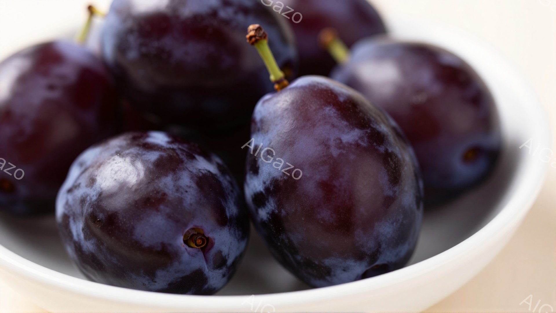 濃い紫色のプルーンが白いボウルに山のように盛られています。果実には表面にわずかな光沢があり、新鮮で熟していることを示しています。背景はぼやけていますが、光沢のある白い表面であるようです。