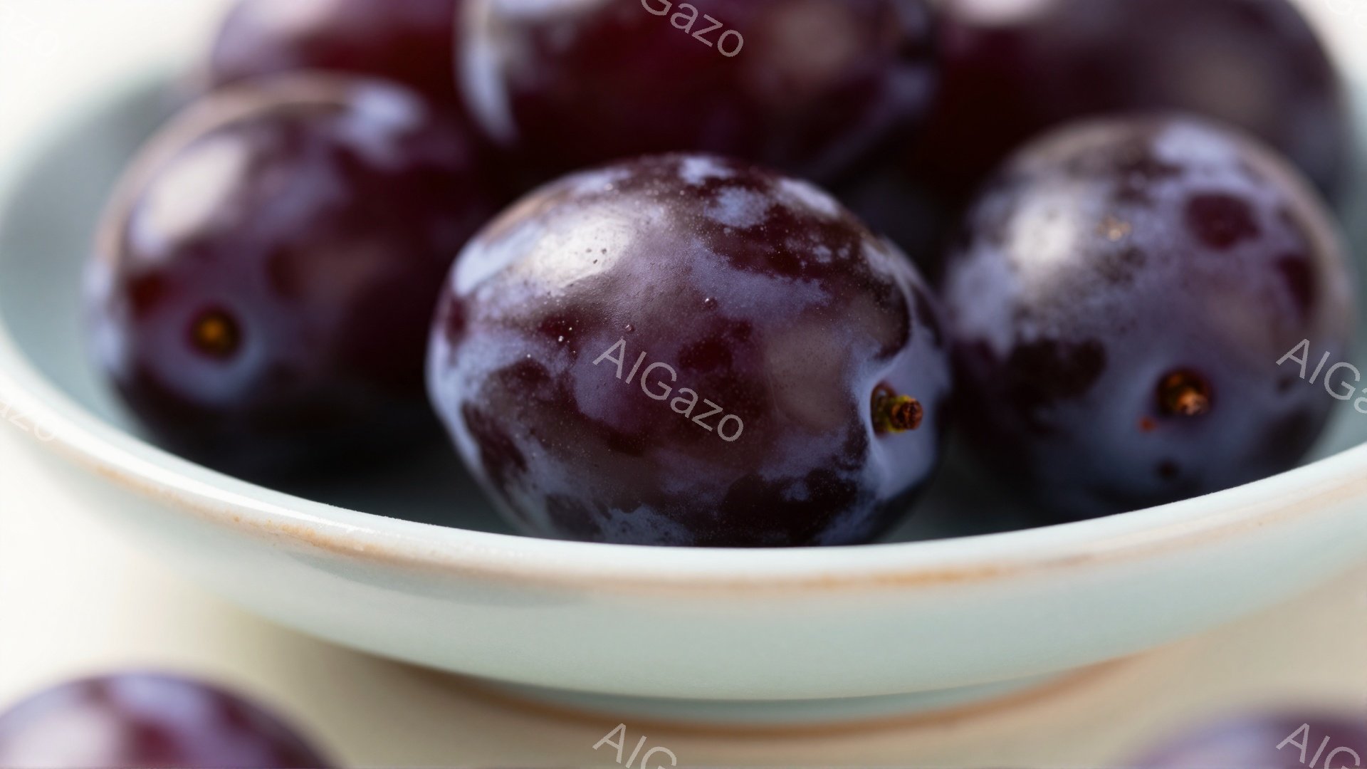 濃い紫色のプラムが浅い水色の器の中に山積みになっています。果実の表面には白い粉状のものが薄く覆われており、光沢があり、新鮮さを感じさせます。背景はぼかされており、プラムが際立って見えます。