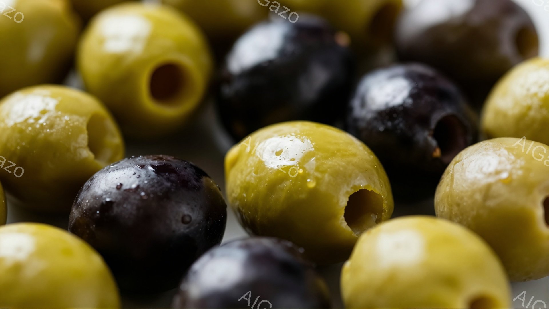 鮮やかな緑色と濃い紫色のオリーブが密集して写っています。オリーブの表面には水滴がつき、みずみずしさを強調しています。背景はぼかされており、オリーブそのものの質感と色彩が際立っています。