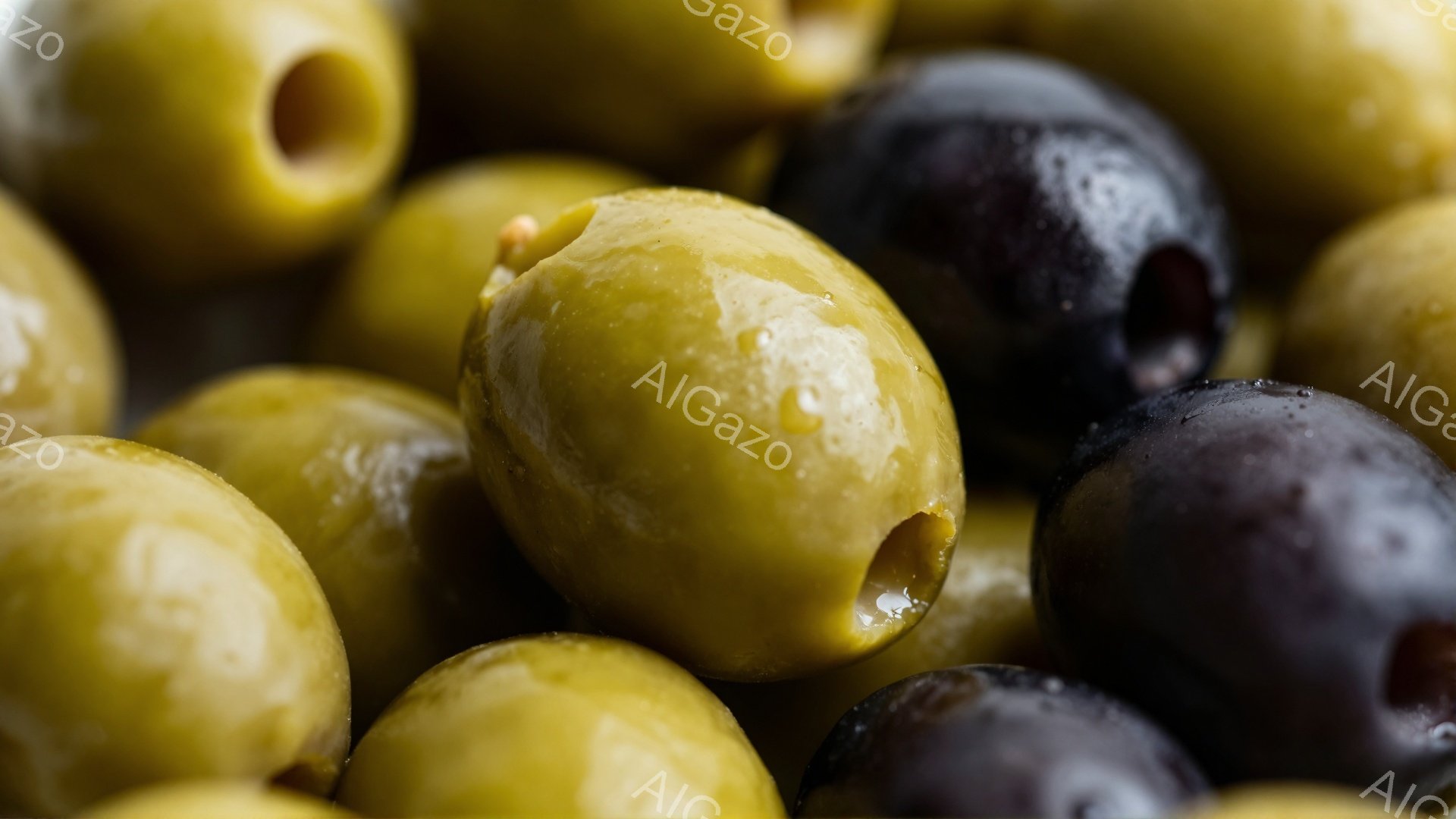画像は、様々な色合いのオリーブが密集して写っています。明るい黄緑色のオリーブと濃い紫色のオリーブが混ざり合い、表面には水滴が光っています。全体的に、新鮮でしっとりとしたオリーブの食感を強調した、シンプ - AI生成フリー素材