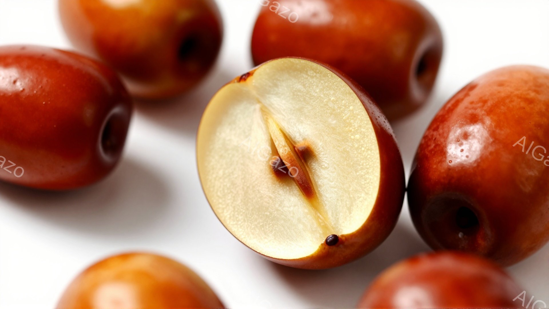 鮮やかな赤褐色のナツメが白い背景に散りばめられています。一つは半分に切られており、淡い黄色の果肉と小さな種がはっきりと見えます。全体的に、果実の自然な色合いとテクスチャが強調された、シンプルで清潔感のある静物画です。