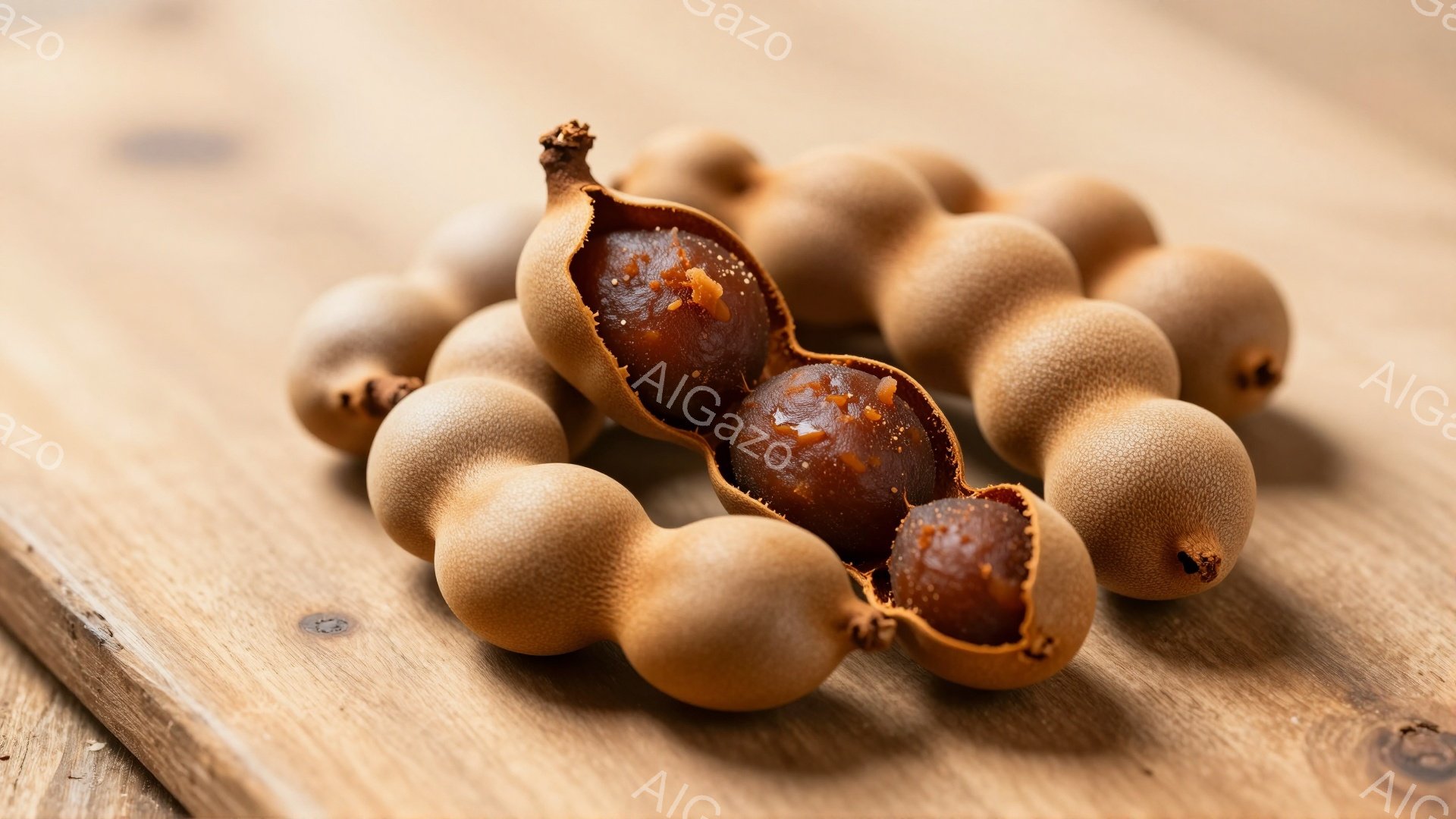 画像には、木製の板の上に置かれた、実が割れて中の果肉が見えるタマリンドが写っています。タマリンドは茶色と黄色の色合いで、表面はわずかにざらざらしており、個々の果実は丸みを帯びています。背景の木製板は、木の質感が強調され、温かみのある雰囲気を醸し出しています。