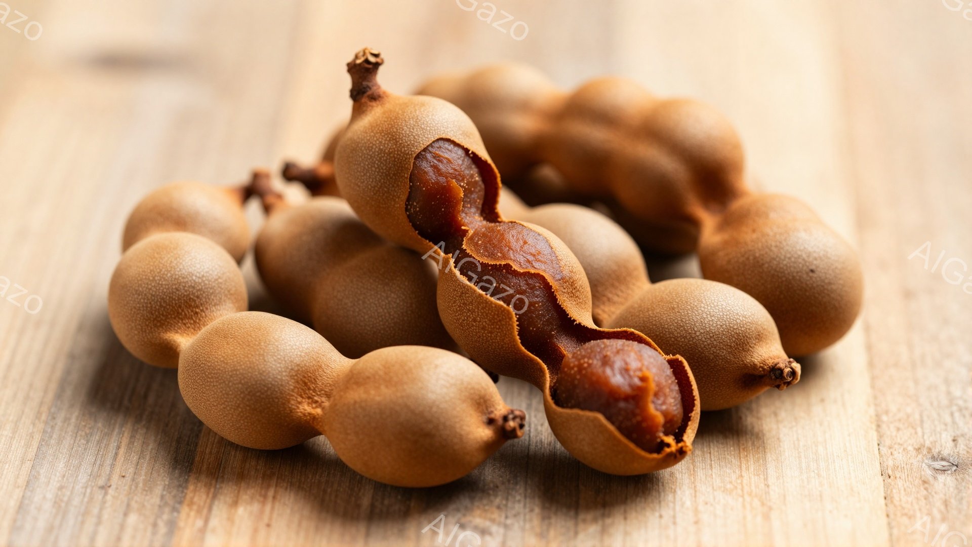 画像には、木の板の上に置かれた、いくつかのドクダミの実が写っています。実の一部は割れており、中から茶色のパルプが見えています。全体的に、暖色系の色調で、自然な雰囲気の静物写真です。