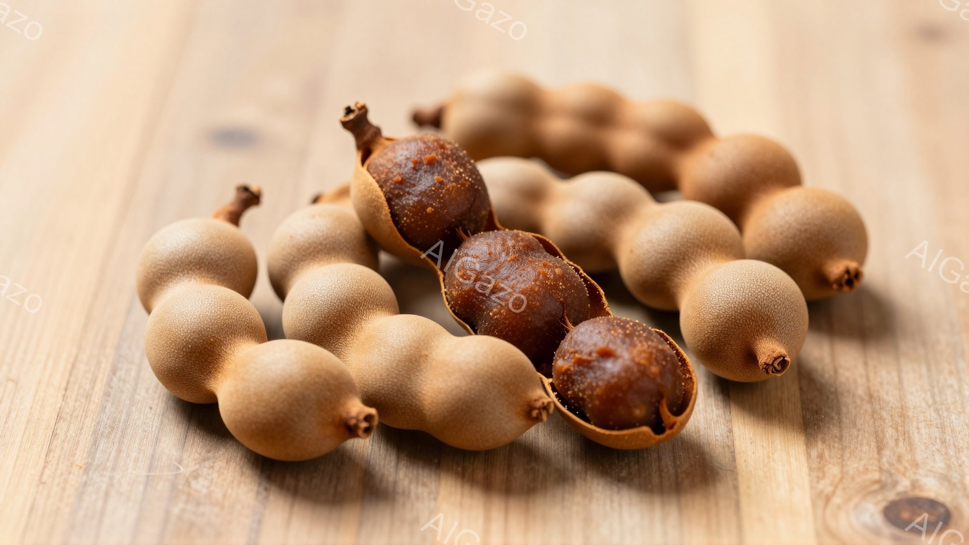 画像には、いくつかの酸味のあるドクダミの実が、木製の表面に散らばって写っています。実の殻は薄い茶色で、いくつか殻が割れて中の果肉が見えています。全体的に温かみのある自然な雰囲気が漂っています。