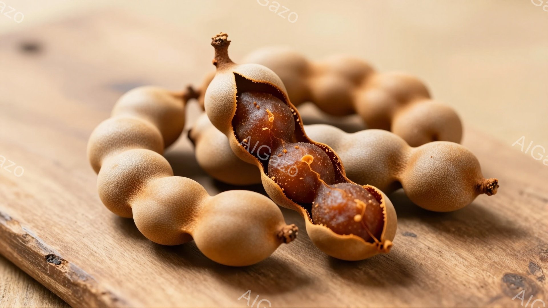 画像には、木製の板の上に置かれた数個の酸味柑橘が写っている。そのうちの一つは半分に割れており、茶色い種と果肉が露わになっている。全体的に、自然で素朴な雰囲気が漂っている。