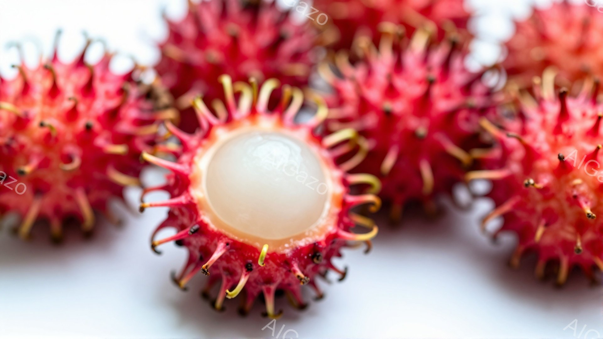 画像は、ライチに似た熱帯の果物、ランブータンのクローズアップ写真です。果実は鮮やかな赤色で、柔らかい毛のような棘に覆われています。一つは半分に割れており、半透明の白い果肉が露わになっています。