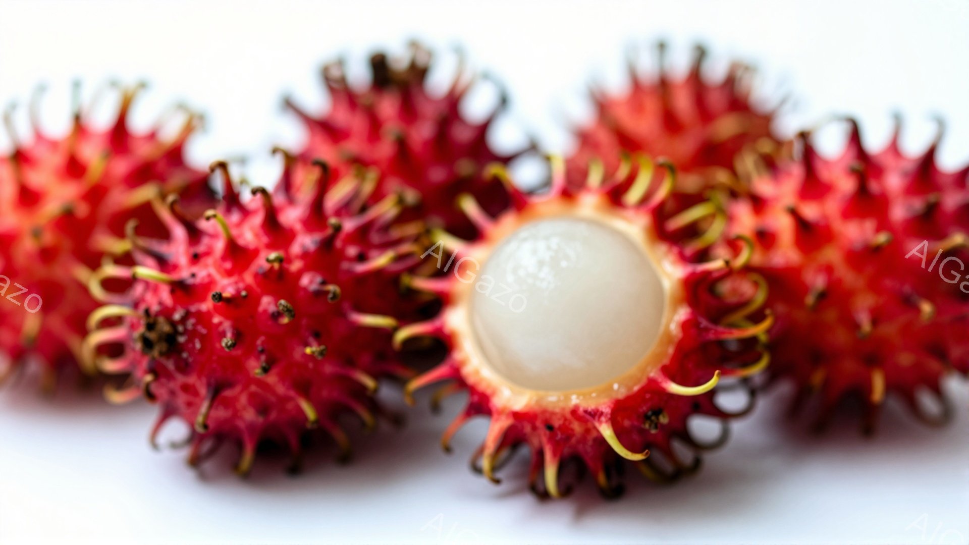 画像には、鮮やかな赤色のランブータンが数個写っており、そのうちの一つは半分に割れて、中にある白い果肉が見えています。棘は黄色味がかっており、果肉は半透明で、みずみずしい印象を与えます。背景は白く、焦点 - AI生成フリー素材