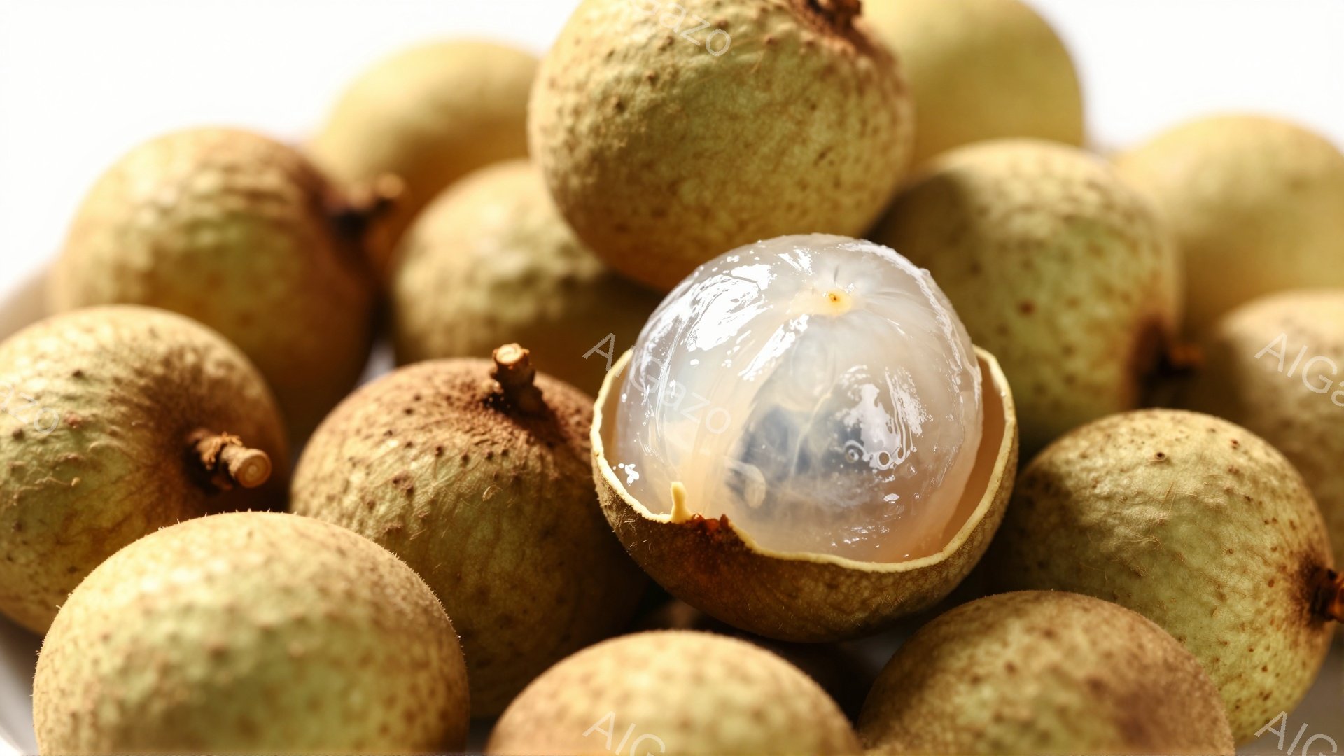 画像には、たくさんのロンガン（龍眼）が写っています。果実の多くは茶色い殻に覆われていますが、一つは割れて、半透明の白い果肉が見えています。背景は白く、果実が際立って見えます。