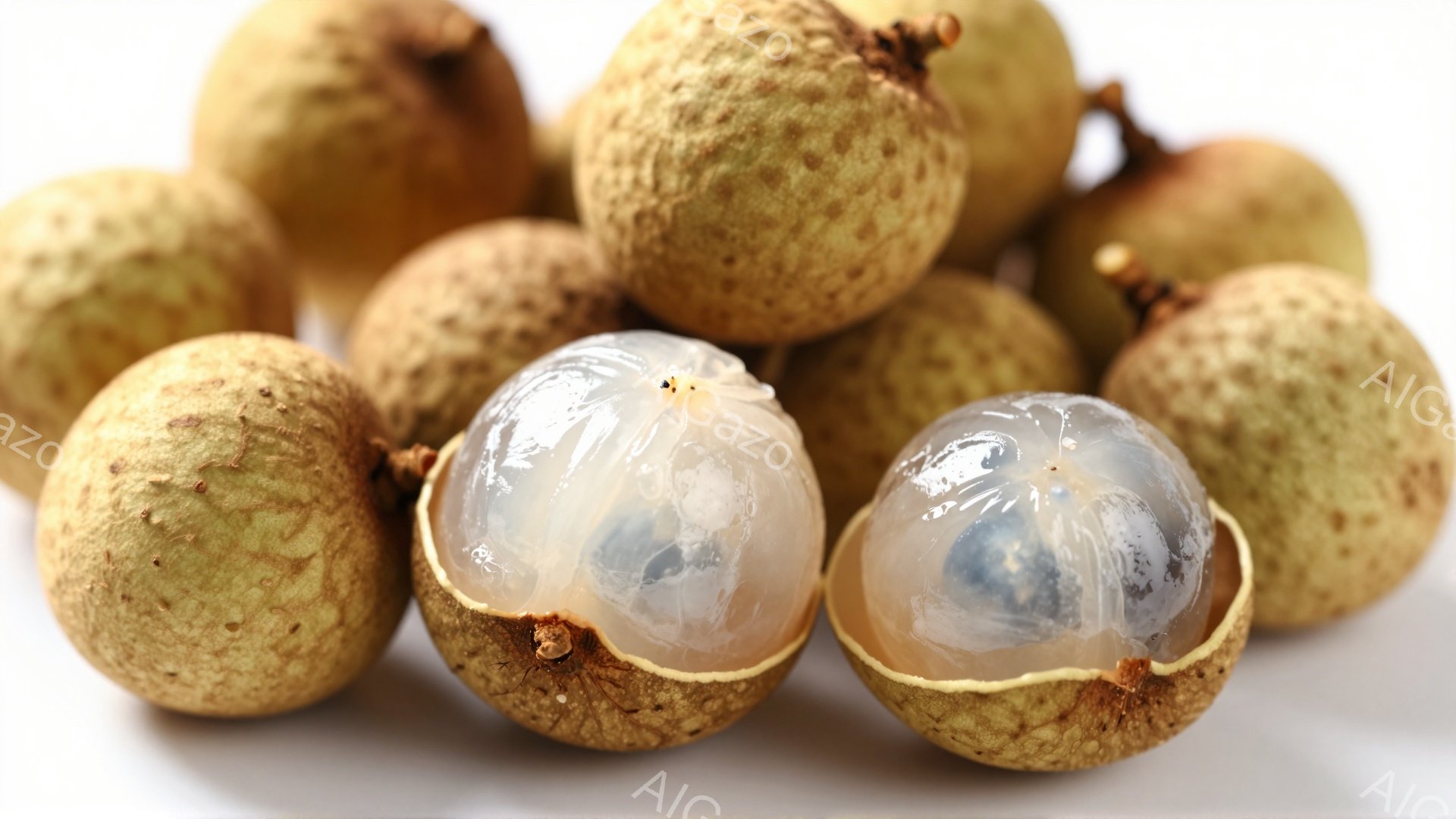 画像には、ライチという熱帯の果物が写っています。いくつかは殻が付いており、中には半透明の白い果肉が見えます。背景は白く、果物たちが自然光の下で明るく照らされています。