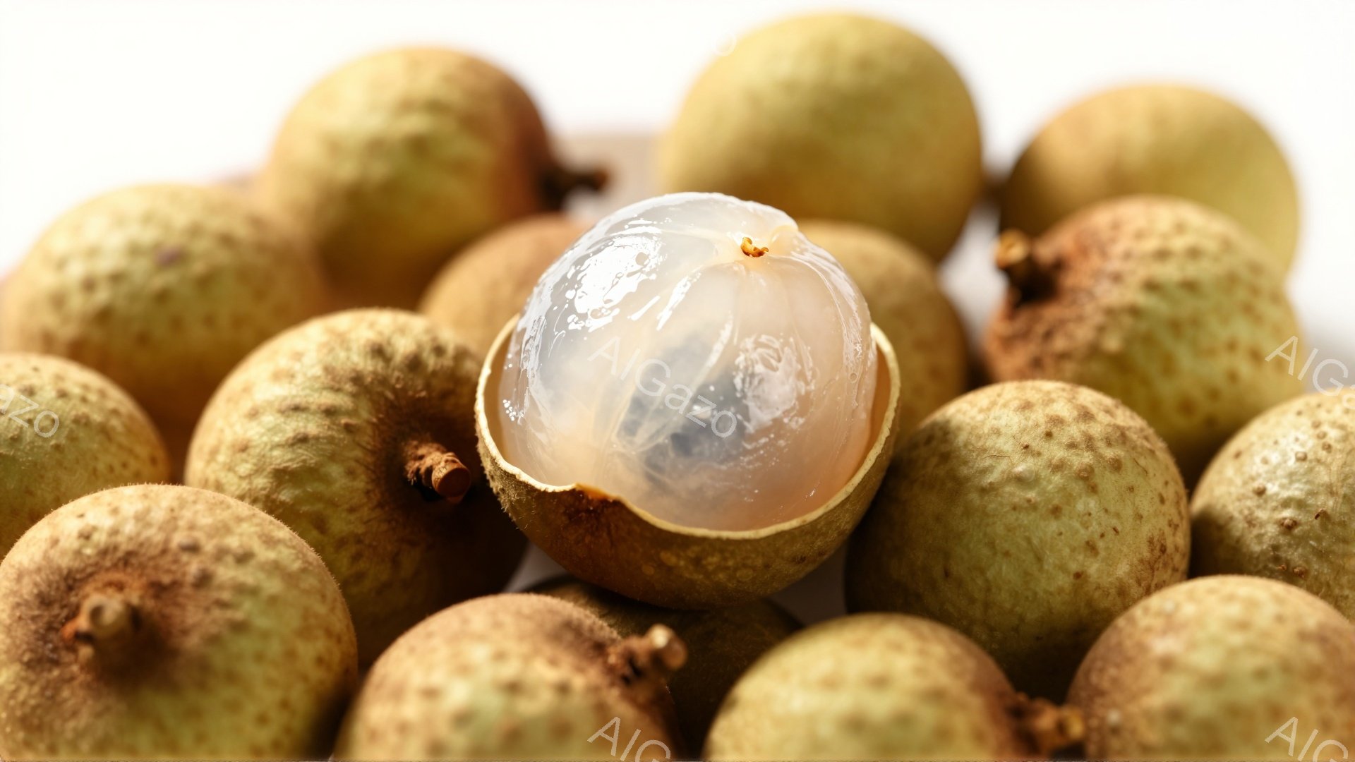 鮮やかな茶色の荔枝が多数写っており、一つは半分に割れて中身の透き通った白い果肉が露出している。背景は白く、果実が際立って見えるように構成されている。全体的に、瑞々しく美味しそうな印象を与えるクローズア - AI生成フリー素材