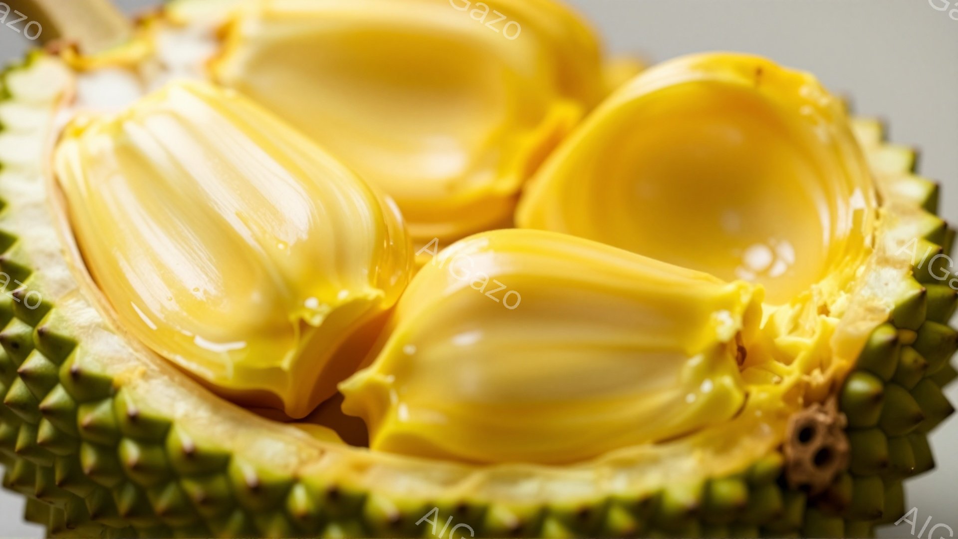 ドリアンの断面が写っており、鮮やかな黄色の果肉がいくつか見えている。棘のある緑色の外皮は、果肉を保護するように周囲を囲んでいる。全体的に、甘く濃厚なトロピカルフルーツの豊かな質感が伝わる写真である。