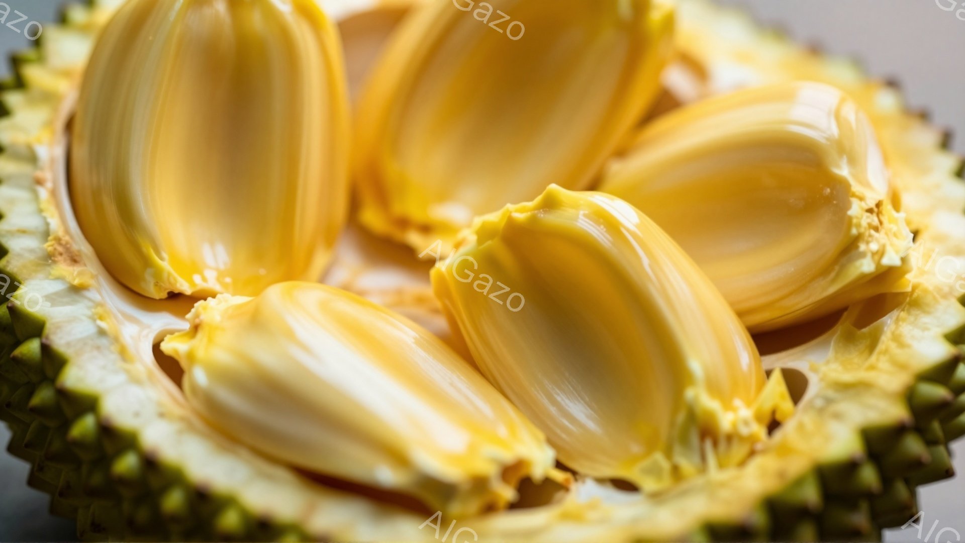 熟したドリアンの断面が写っています。鮮やかな黄色の果肉が密集しており、表面にはわずかな光沢があります。棘のある緑色の外皮が果肉を囲み、トロピカルな雰囲気を醸し出しています。 - AI生成フリー素材