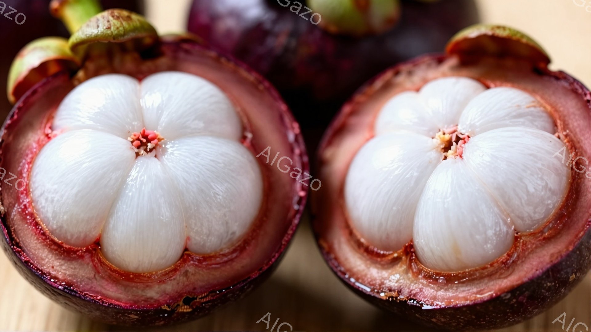 画像にはマンゴスチンの断面が2つ並んで写っています。白い果肉は丸みを帯びており、中央に種が隠れています。背景にはぼやけたマンゴスチンの全体像が見え、木製のテーブルの上に置かれていることがわかります。 - AI生成フリー素材