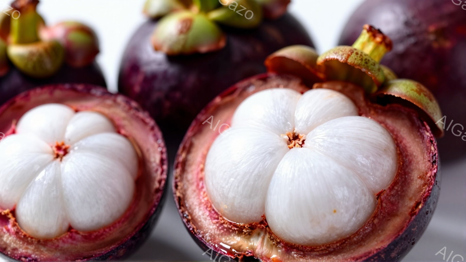 鮮やかな紫色のマンゴスチンの断面が、白い果肉を露わにしている。果肉は丸いセグメントで構成され、中心に向かって密集している様子が特徴的だ。背景は白く、果物の色が際立っており、全体的にみずみずしく、食欲をそそる雰囲気である。