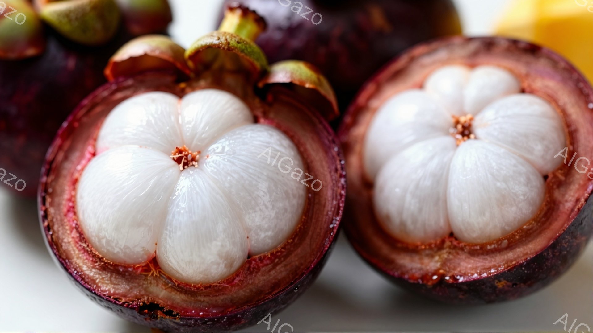 鮮やかな紫色のマンゴスチンが2つ、半分に割って中身が見える状態で写っています。白く柔らかそうな果肉が放射状に並び、中心には小さなオレンジ色の種子が確認できます。背景は白く、果物の鮮やかさを際立たせてい - AI生成フリー素材