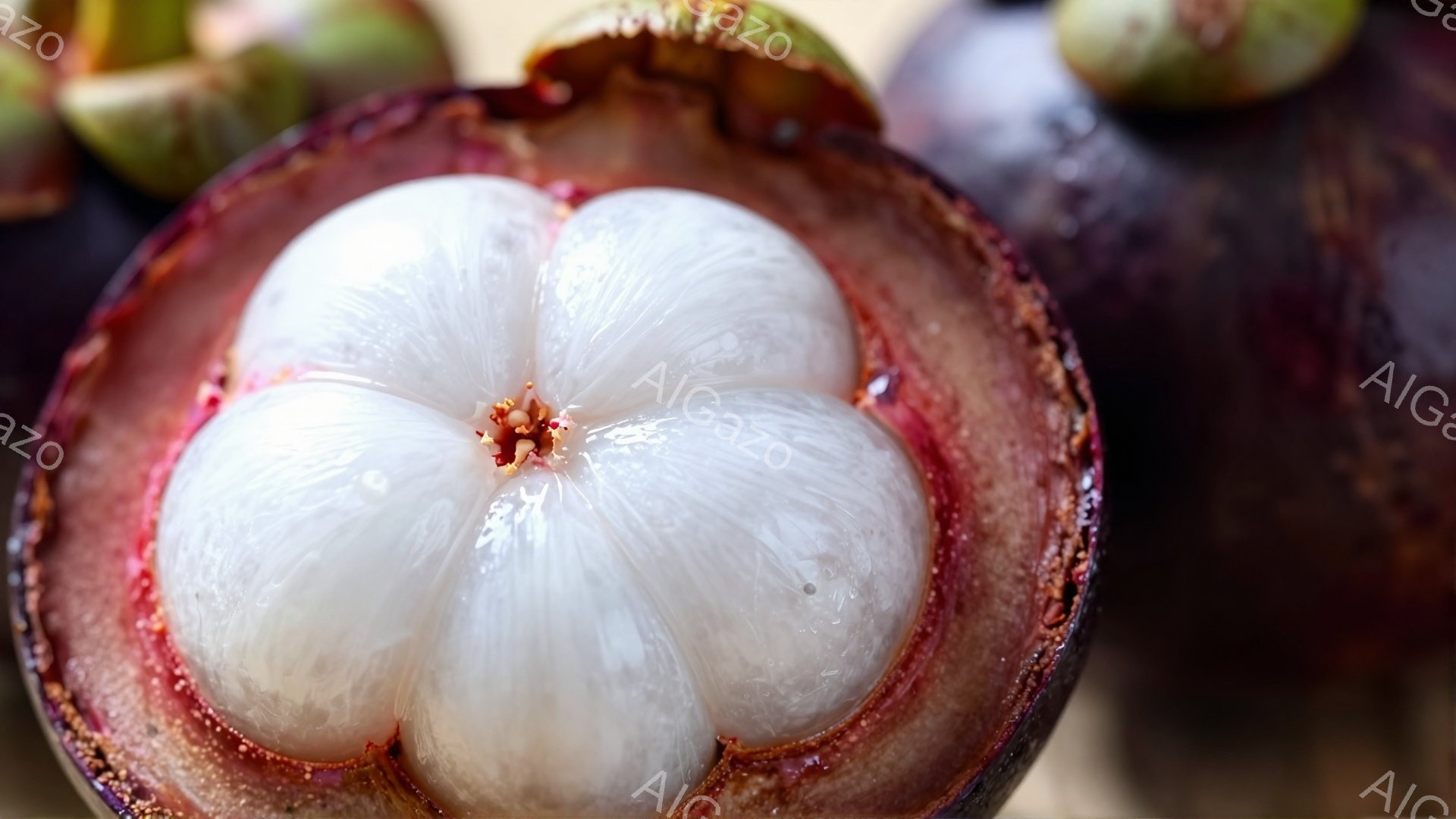 画像はマンゴスチンの断面のクローズアップです。白い果肉が星型に配置され、中心には種が確認できます。紫色の果皮が果肉を囲んでおり、みずみずしい質感と鮮やかな色彩が印象的です。 - AI生成フリー素材