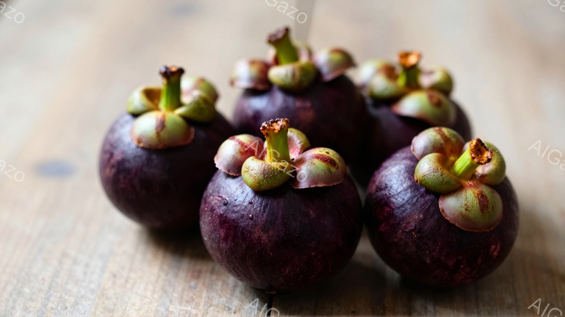 画像には、濃い紫色のマンゴスチンが木製の背景に並べられています。それぞれの果実は丸みを帯びており、上部には特徴的な緑色の茎と茶色い花弁のような部分が見られます。背景の木目ははっきりとしており、果物の自然な色合いとコントラストを形成しています。