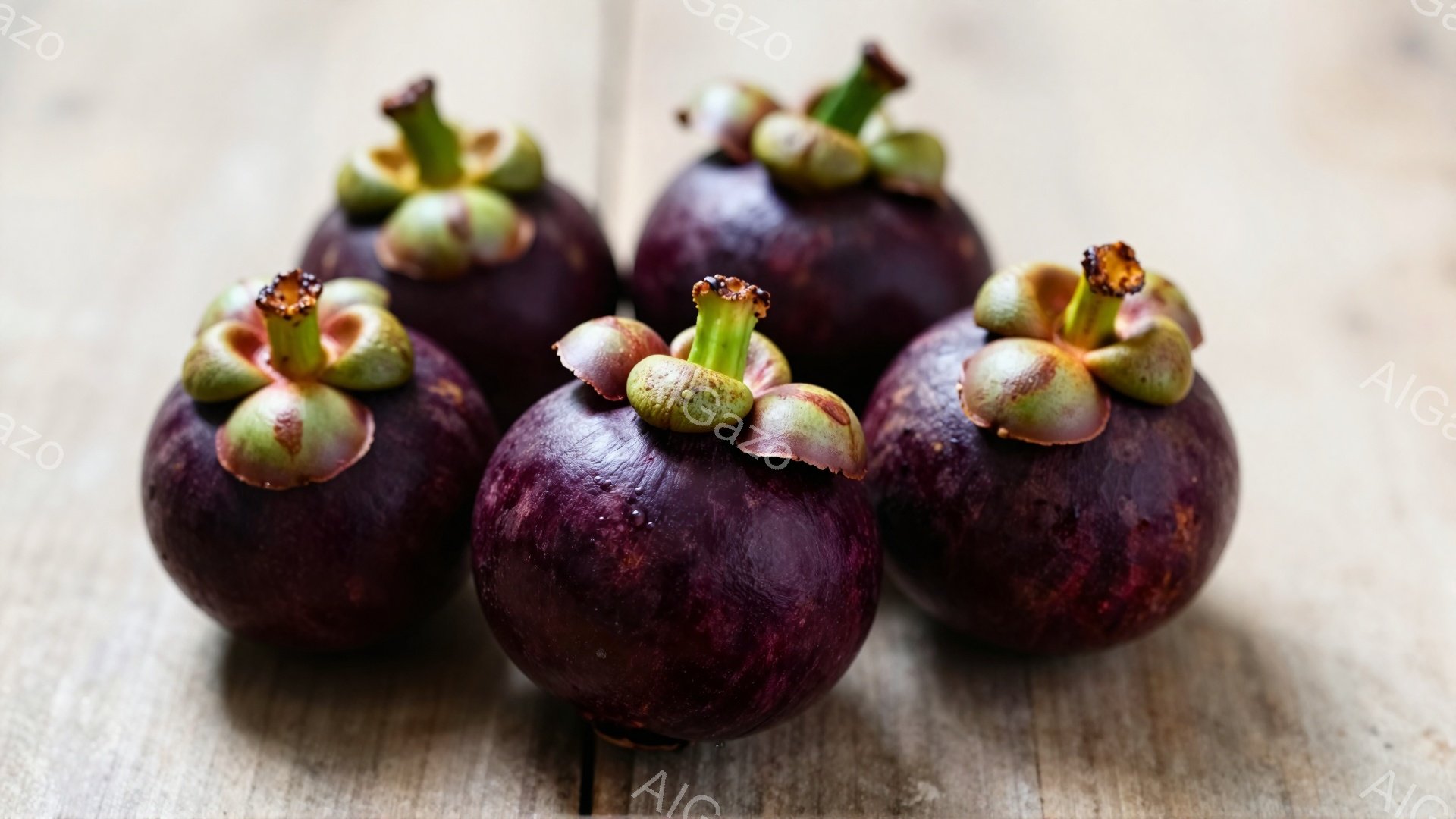 画像には、木製の背景に配置されたマンゴスチンが五つ写っています。それぞれのマンゴスチンは深紫色で、特徴的な緑色の王冠のような突起を持っています。光沢があり、新鮮な果物であることがわかります。 - AI生成フリー素材