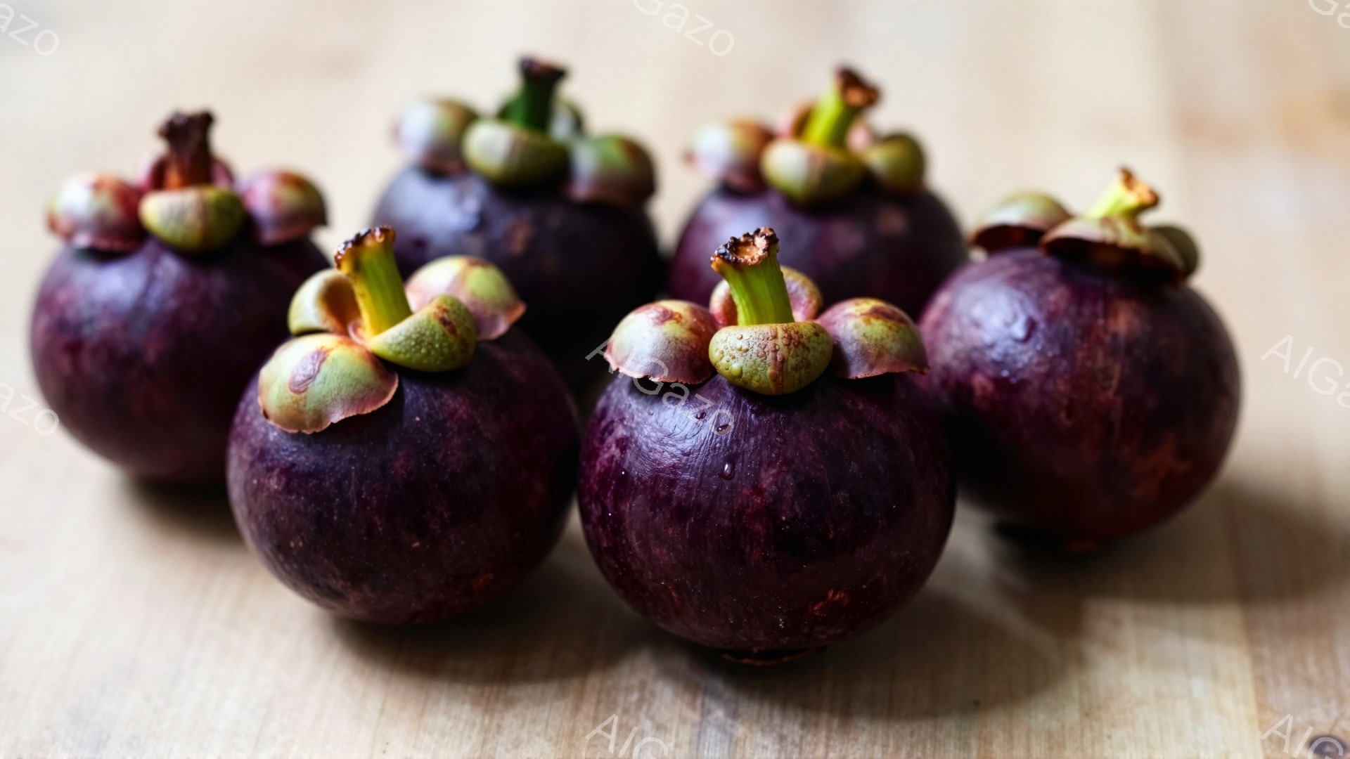濃い紫色のマンゴスチンが木製の台の上に並んでいます。果実は丸みを帯びており、頂上には緑色の萼のようなものが特徴的です。光沢があり、新鮮な印象を与える写真です。