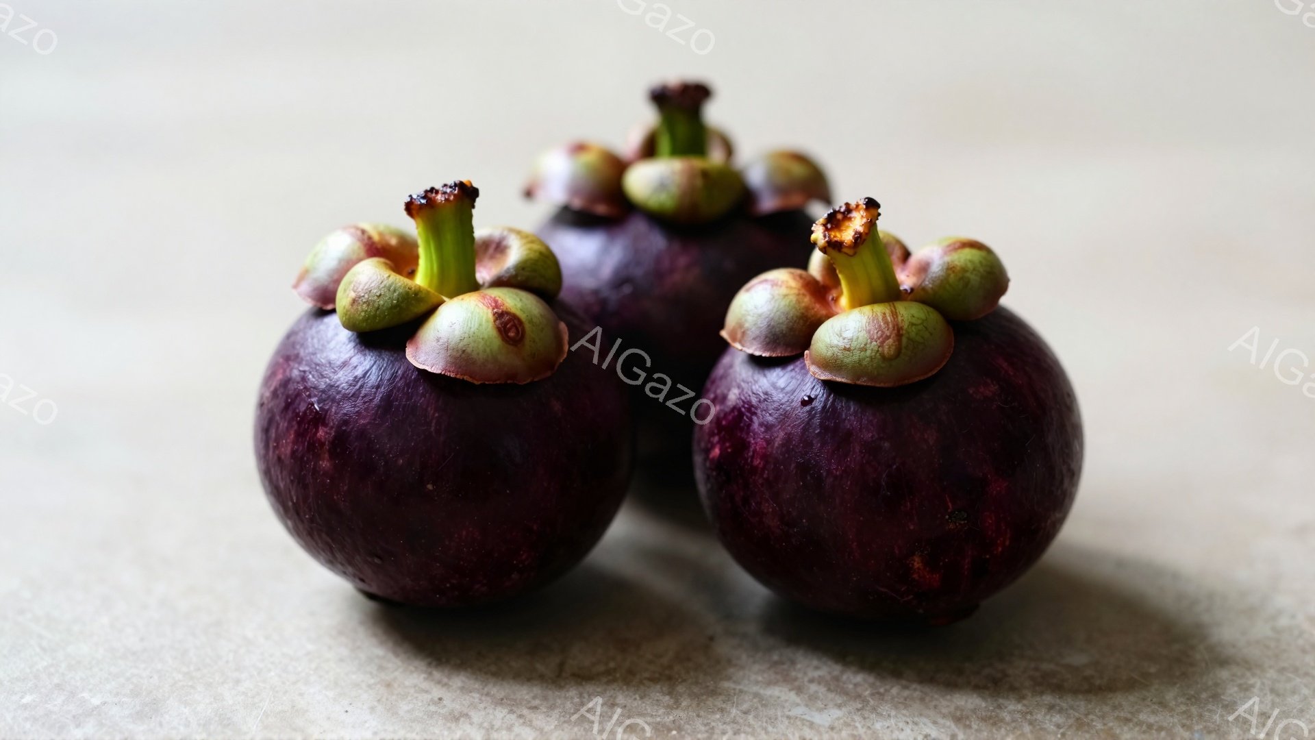 画像には、茶色い紙のような背景の上に、紫色のマンゴスチンが三つ並んでいます。それぞれのマンゴスチンは丸みを帯びており、上部には緑色の茎と花のような突起があります。全体的に落ち着いた色調で、自然な雰囲気 - AI生成フリー素材