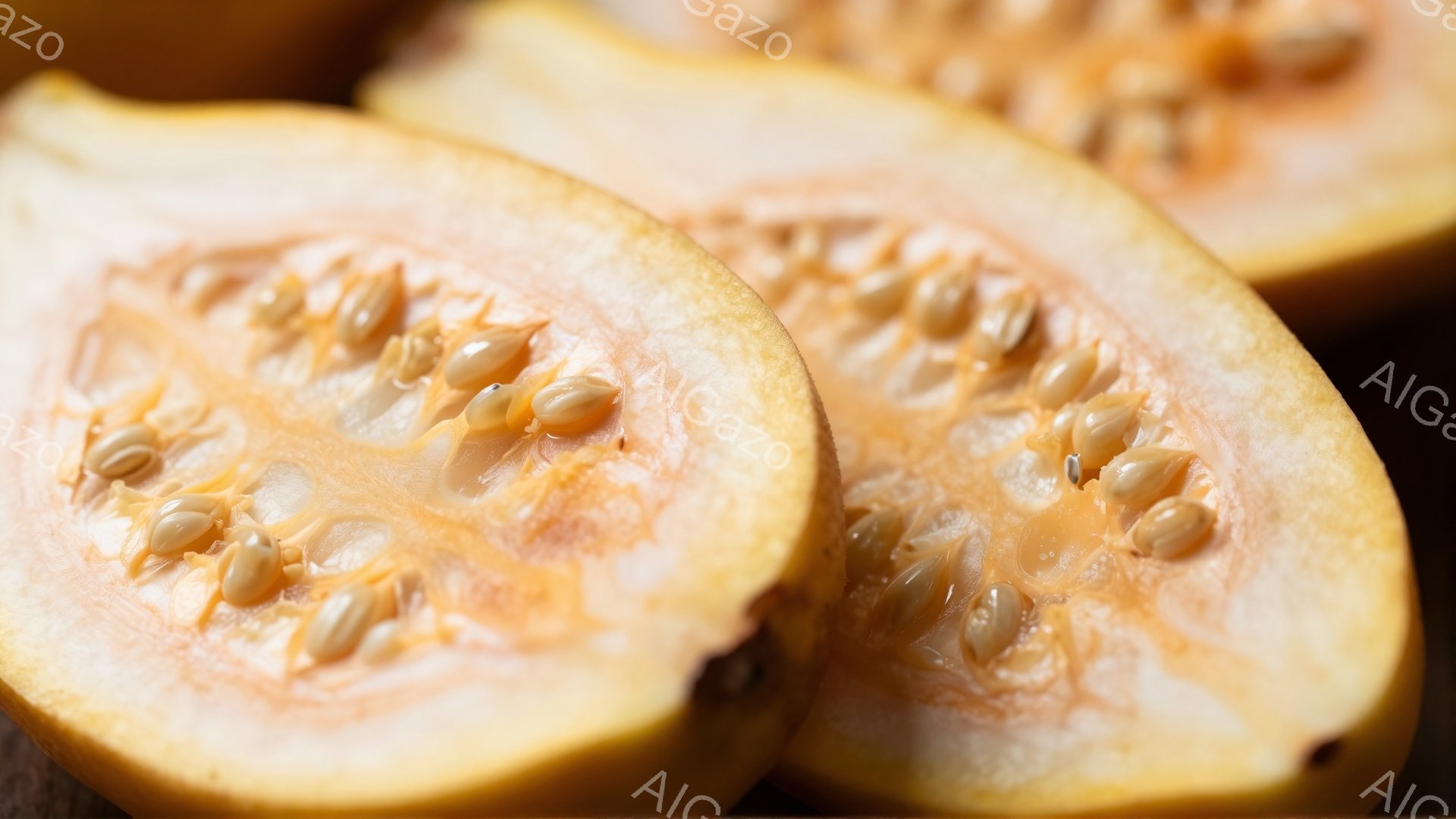 画像には、切断されたマメ科植物の果実が複数並んでいます。果肉はオレンジ色で、内部には小さな種子が密集しています。全体的に暖色系の色調で、果実の自然な美しさが際立っています。