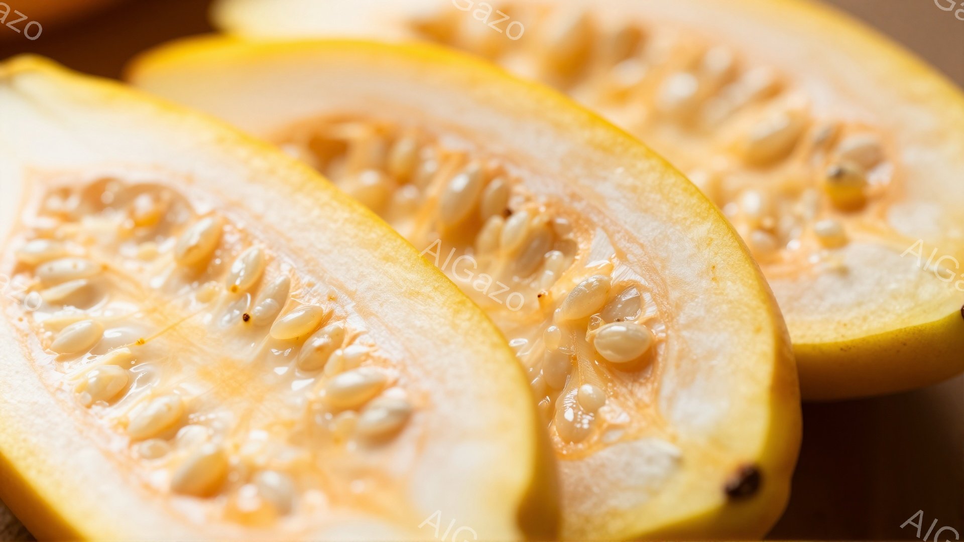 画像は、切られたマメ科の果物、パパイヤの断面をクローズアップしたものです。果肉はオレンジ色で、中央に小さな黒い種が密集しています。明るい光の下で撮影され、果物の鮮やかな色と質感が強調されています。