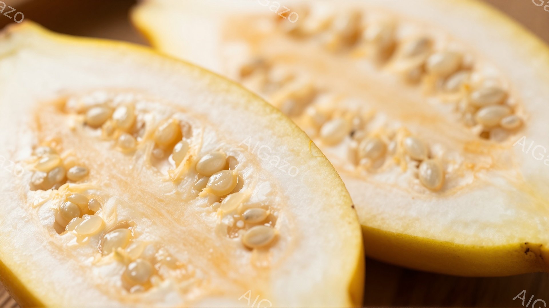 画像には、カットされたカボチャの断面が2つ写っています。クリーム色から淡黄色の果肉には、小さな白い種が密集しており、種は縦方向に並んでいます。背景は木製の表面で、全体的に暖かく、自然な雰囲気を醸し出しています。