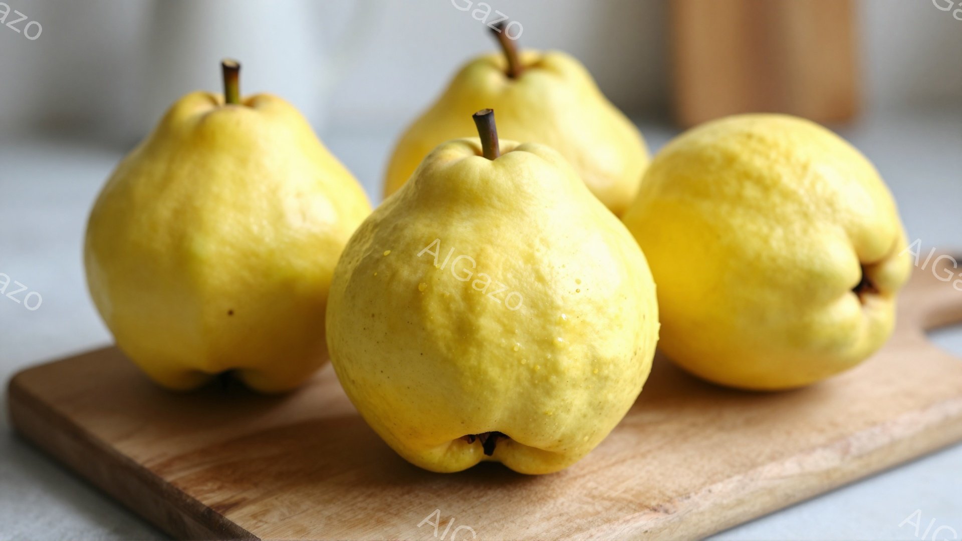 画像には、木製のまな板の上に置かれた４つの黄色いマルメロが写っています。それぞれのマルメロは少し緑がかった黄色で、表面には細かい毛のようなものが確認できます。背景はぼかした白と茶色のグラデーションで、 - AI生成フリー素材