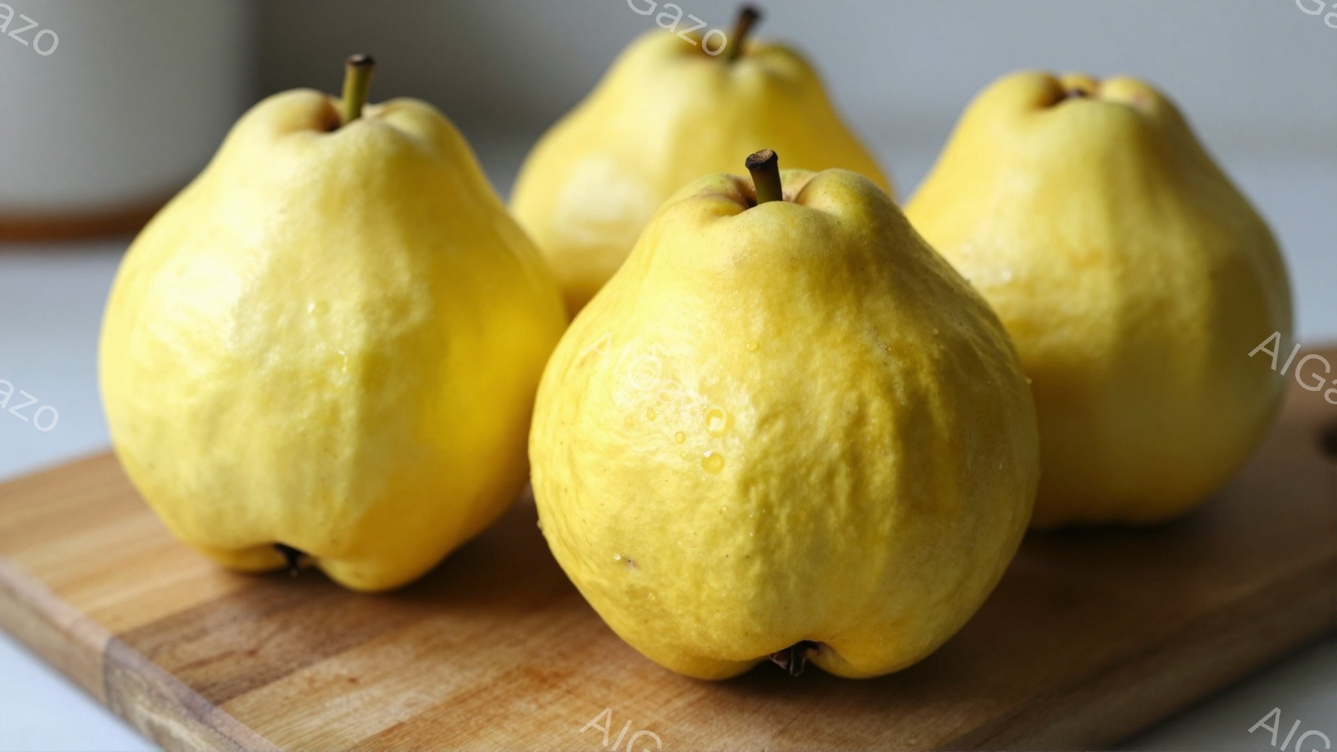 画像には、木製のまな板の上に置かれた4つのマルメロが写っています。 それぞれのマルメロは黄緑色で、表面には水滴がついており、新鮮さを感じさせます。 背景はぼやけており、マルメロが際立って見えます。