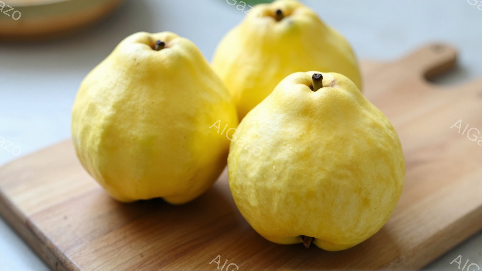 画像には、木製のまな板の上に3つのマルメロが並んでいます。マルメロは薄い黄色で、表面にはわずかな毛羽立ちがあり、新鮮な印象を与えます。背景は白っぽい色調で、焦点はマルメロに当てられています。