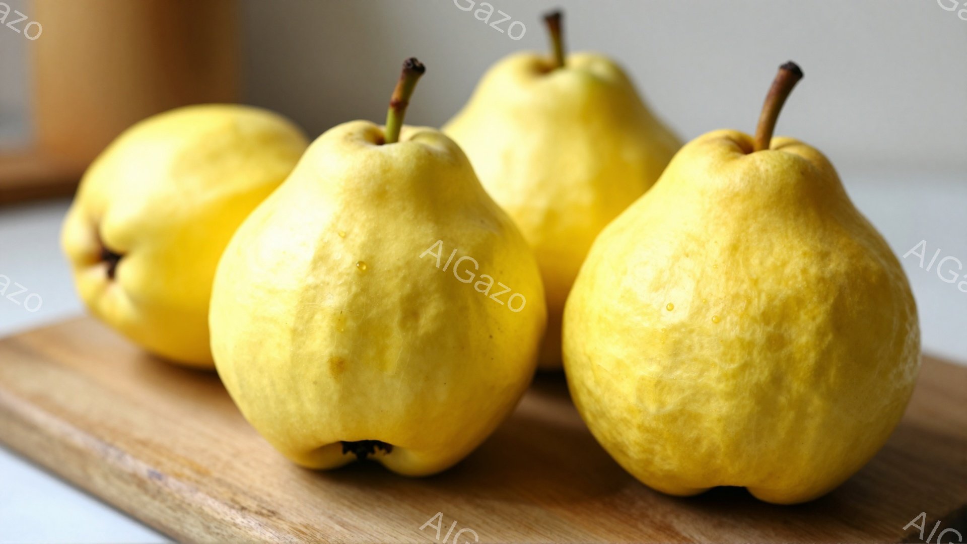 画像には、木製のまな板の上に並んだ4つの黄色いビワが写っています。ビワはそれぞれ少し形が異なり、表面には小さな傷や斑点が見られます。背景はぼやけており、暖色系の色合いで、全体的に穏やかで自然な雰囲気が漂っています。