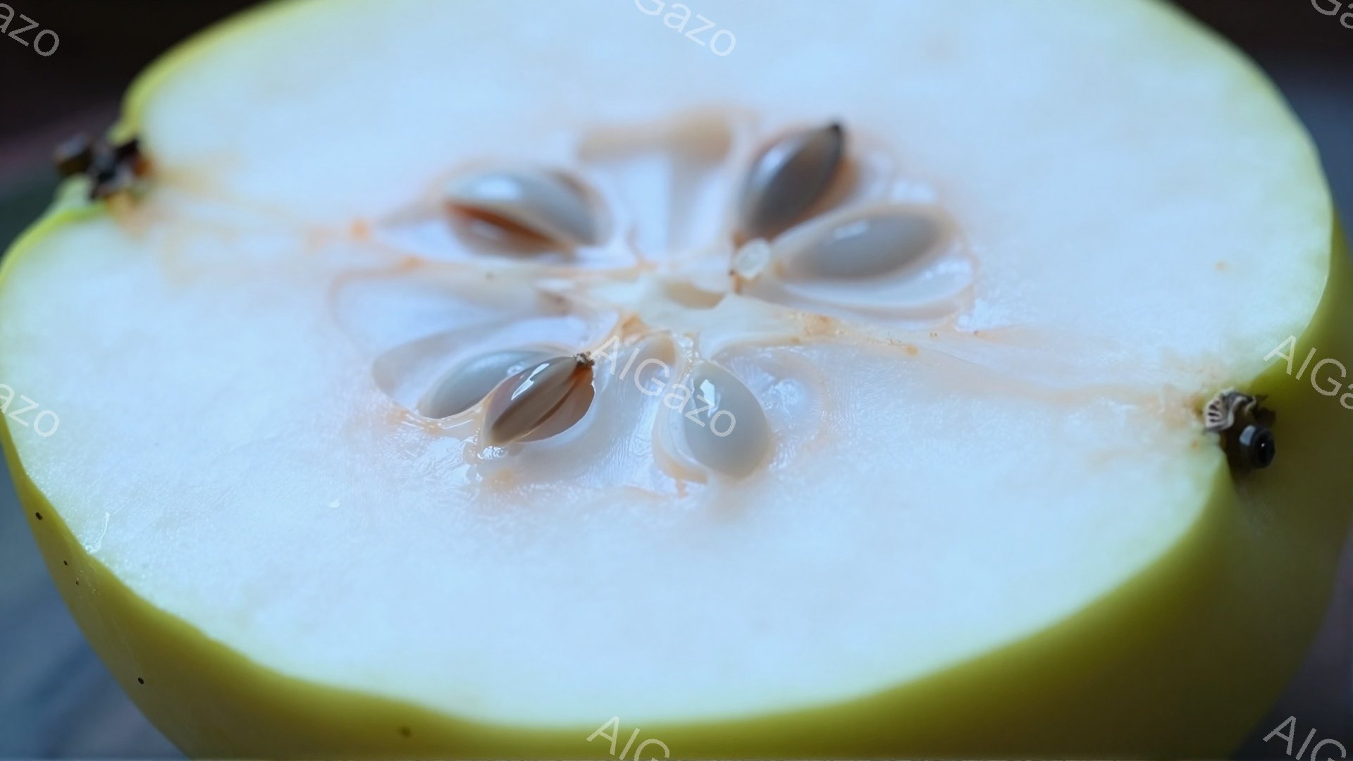 この画像は、横に切られた白い果物の断面を示しています。中央には種子が放射状に並んでおり、果肉は淡い黄色がかった白色で、やや湿った質感に見えます。全体的に、新鮮で自然な雰囲気を醸し出しています。