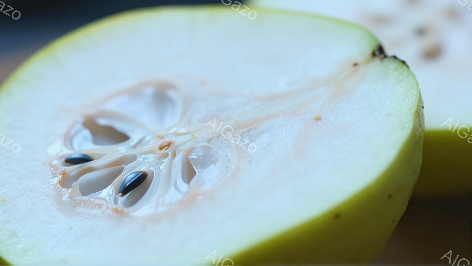 半分にカットされたビワの断面が写っている。白い果肉の中心には黒い種が密集しており、果肉の繊維が放射状に広がっているのがわかる。背景には他のビワの断面がぼやけて写っており、全体的に柔らかく、甘い香りが感じられるような雰囲気である。