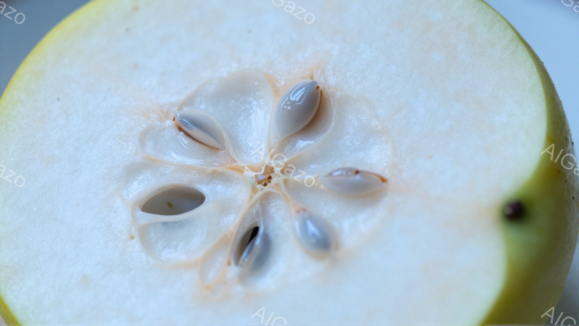鮮やかな緑色の果物の断面が写っており、中央には茶色の種が星型に配置されている。果肉は白く、しっとりとした質感で、種を取り囲むように放射状に広がっている。全体的に明るく清潔感のある、自然の美しさを捉えた一枚である。