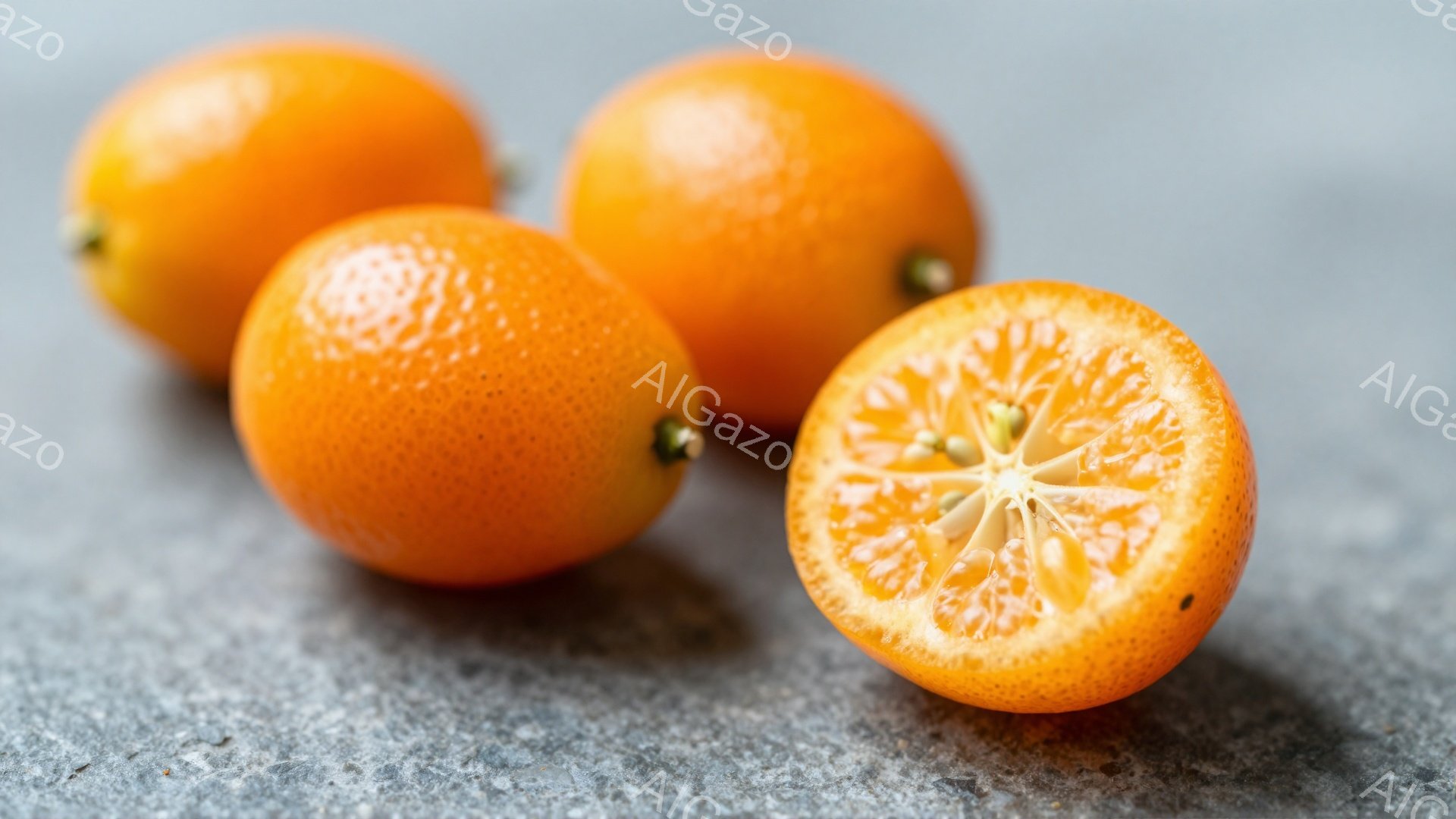 灰色の表面に、3つのオレンジと、半分に切られたオレンジが置かれています。オレンジは小さく、つややかなオレンジ色をしており、新鮮な果物であることを示しています。背景は単調な灰色で、オレンジ色が際立って見 - AI生成フリー素材