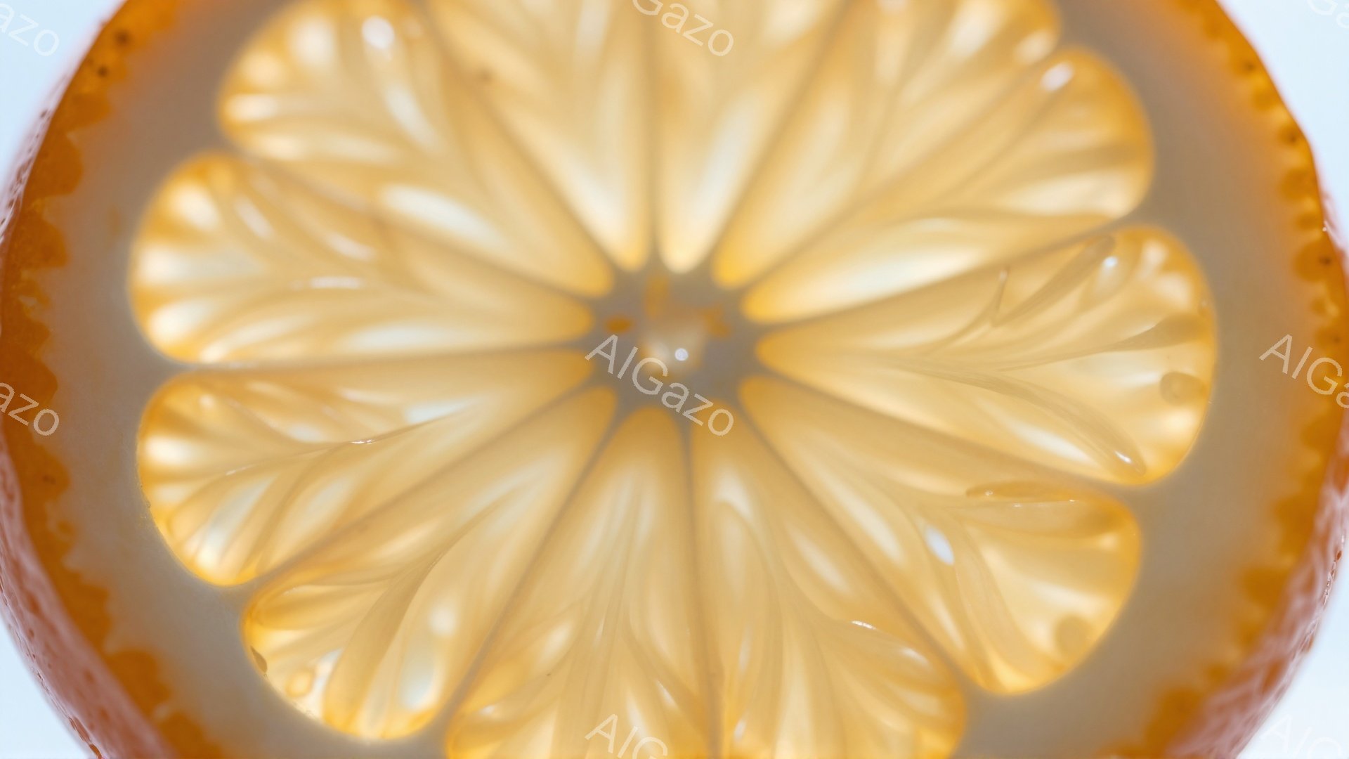 オレンジの断面が非常に鮮明に捉えられており、果肉の内部構造が放射状に広がっている様子が美しい。オレンジ色の皮と、淡い黄色の果肉のコントラストが印象的で、みずみずしい果汁が感じられる。背景は白く、オレン - AI生成フリー素材