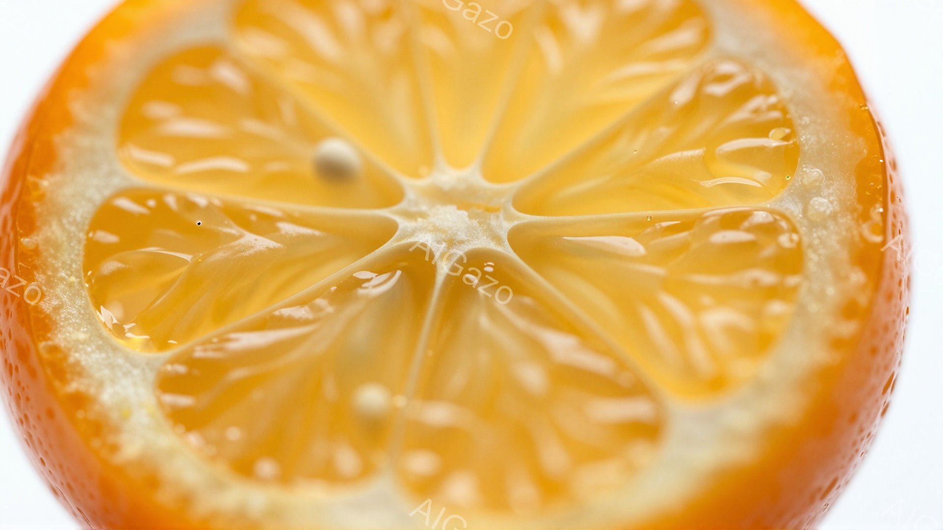 オレンジの断面がクローズアップされた画像です。果肉は鮮やかなオレンジ色で、ジューシーな水分を含んでいるように見えます。背景は白く、オレンジの鮮やかさを際立たせています。 - AI生成フリー素材