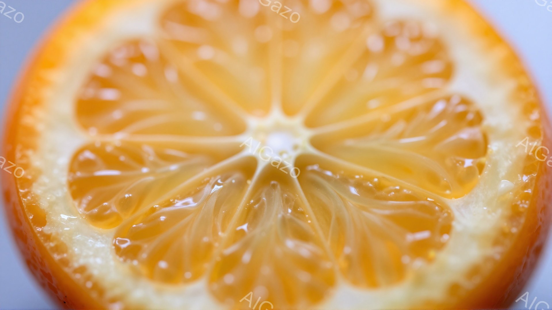 オレンジの断面が写っており、鮮やかなオレンジ色の果肉が放射状に並んでいるのが見える。果汁がわずかに光っており、瑞々しい質感と新鮮さを感じさせる。背景は白く、オレンジの鮮やかさを際立たせている。 - AI生成フリー素材