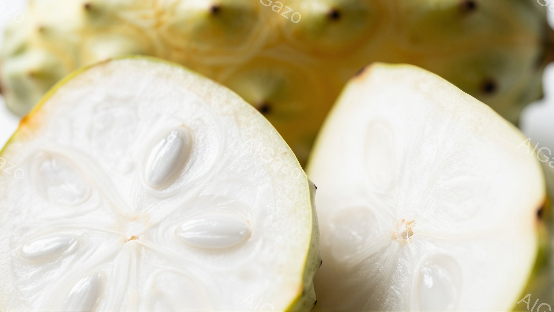 鮮やかな緑色の外皮を持つ熱帯のフルーツ、シャリザの断面がクローズアップで捉えられています。白い果肉には黒い種子が散りばめられており、独特の形状が際立っています。背景にはわずかに外皮の一部が見え、光沢のある質感と複雑な凹凸が確認できます。