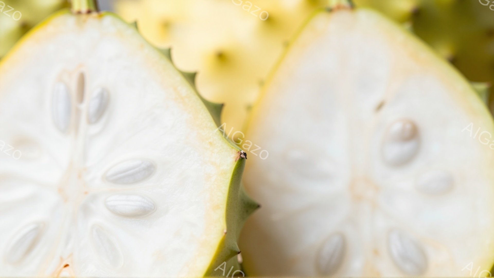 画像は、割られた木瓜（チャイニーズキーウィ）の断面をクローズアップしたものです。白く粒状の果肉が密集し、中央には小さな種が並んでいます。浅い黄色がかった緑色の皮が、果肉の白さを際立たせており、果物の瑞 - AI生成フリー素材