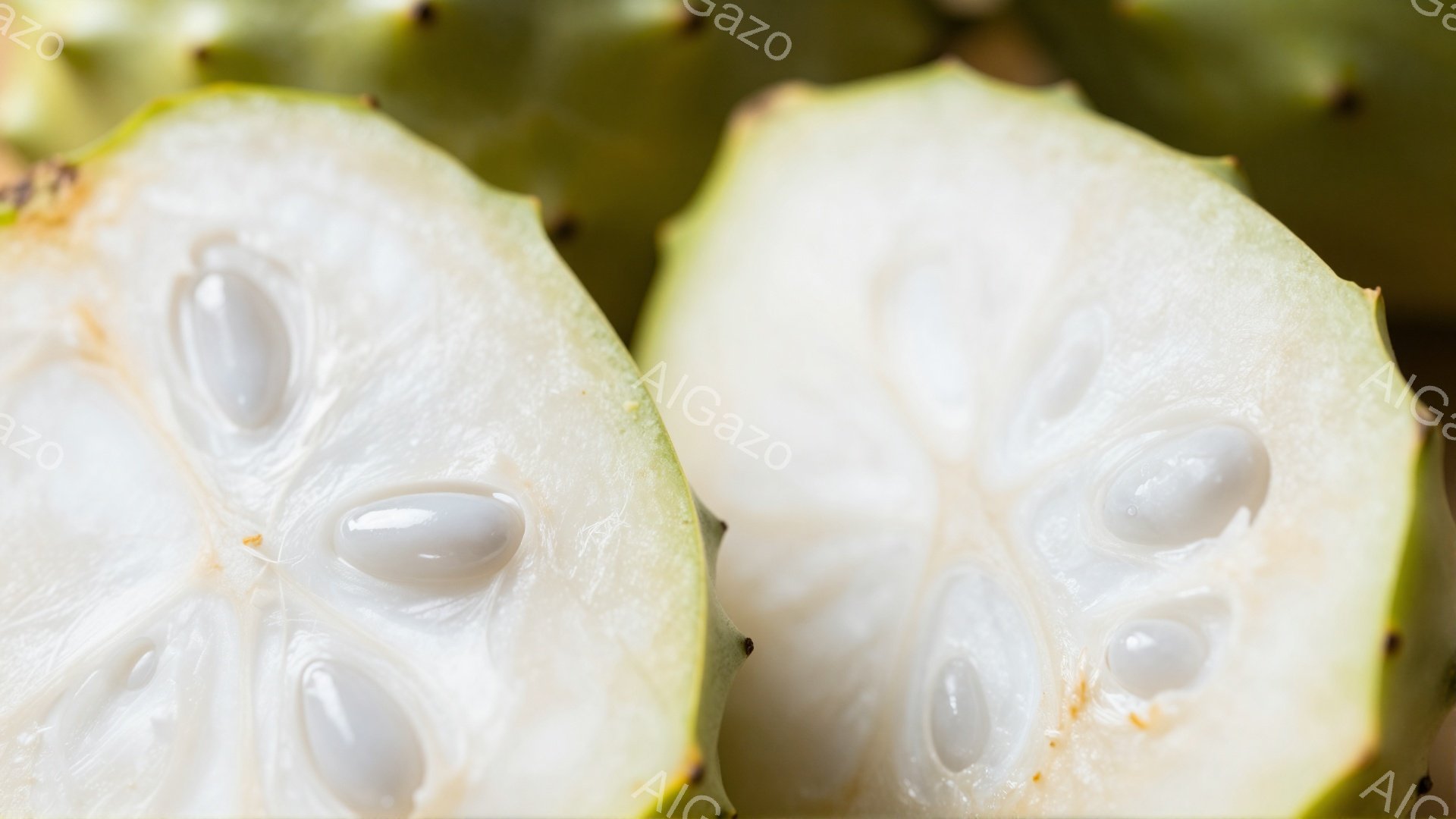 画像は、カットされたガガイモの断面をクローズアップしたものです。緑色の外皮と、内部に並んだ白い種子が特徴的で、種子は半透明で丸みを帯びています。背景には、他のガガイモの葉と棘が見え、鮮やかな緑色と白色のコントラストが印象的です。