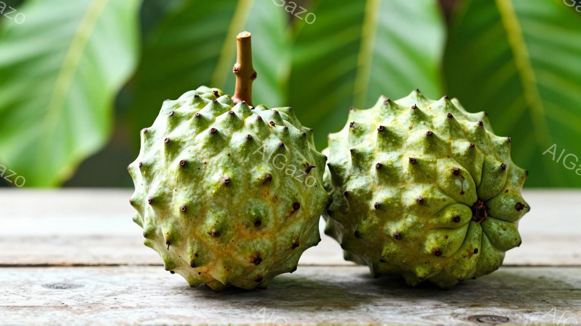 灰緑色の、いぼ状の表面を持つ2つのアノンの果物が、木製のテーブルの上に並んでいます。背景には、緑豊かな葉がぼやけて見え、自然な雰囲気を醸し出しています。果物は熟しており、その独特の質感が強調されています。