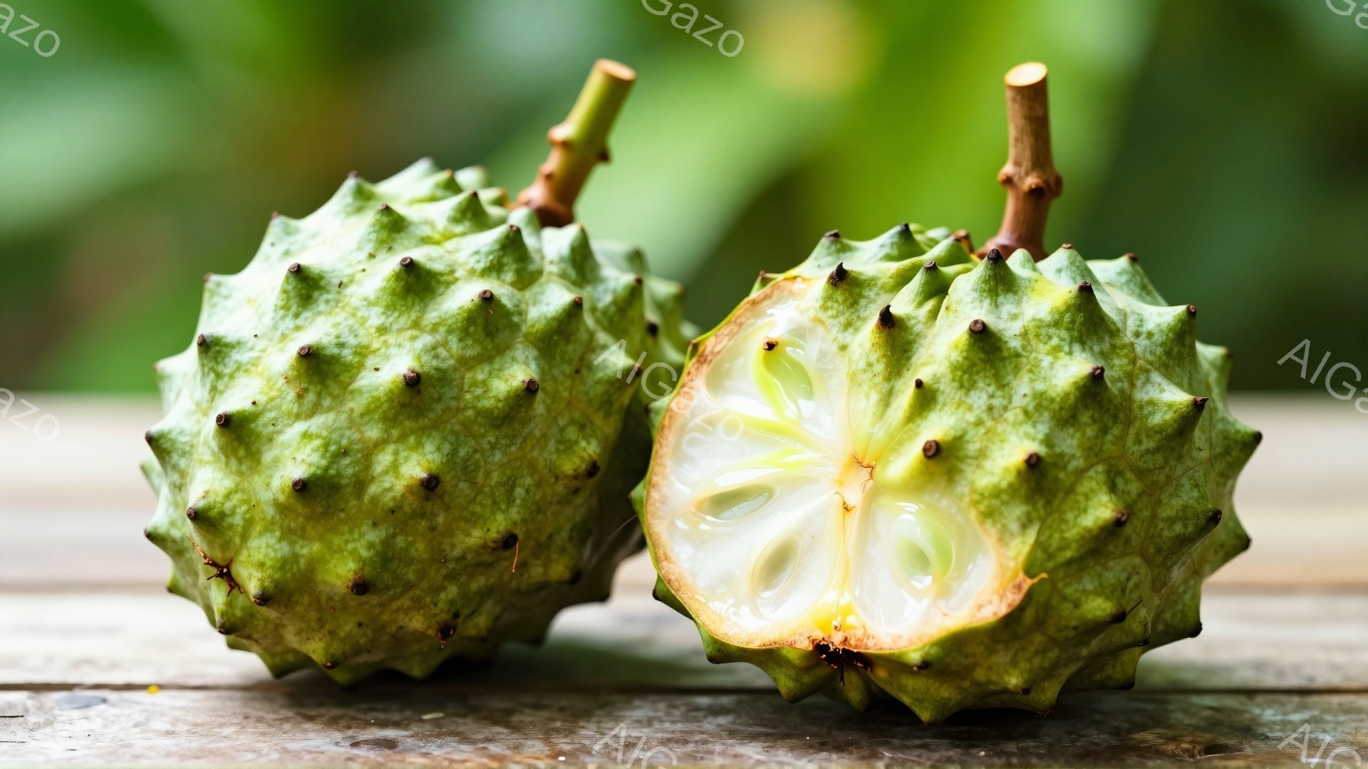 鮮やかな緑色のトゲトゲした果物、アノナ（またはシャリファ）が２つ、粗い木のテーブルの上に並んでいる。片方は半分にカットされており、白い果肉と黒い種が見える。背景はぼやけた緑で、自然光の下で撮影された温かみのある雰囲気である。