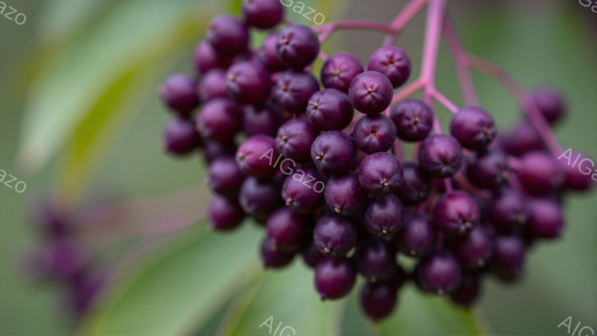 深い紫色の小さな実が密集して房状になっている様子が捉えられています。背景には緑色の葉がぼやけており、実の紫色のコントラストが際立っています。全体的に落ち着いた雰囲気で、秋の自然を感じさせる一枚です。 - AI生成フリー素材