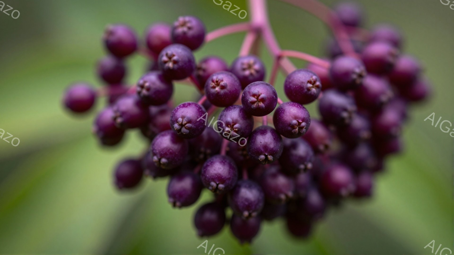 濃い紫色をした小さな実が、枝から密集してぶら下がっている。光沢があり丸みを帯びた実たちは、自然の恵みを感じさせる。背景は緑色のぼやけで、実の鮮やかさを際立たせている。