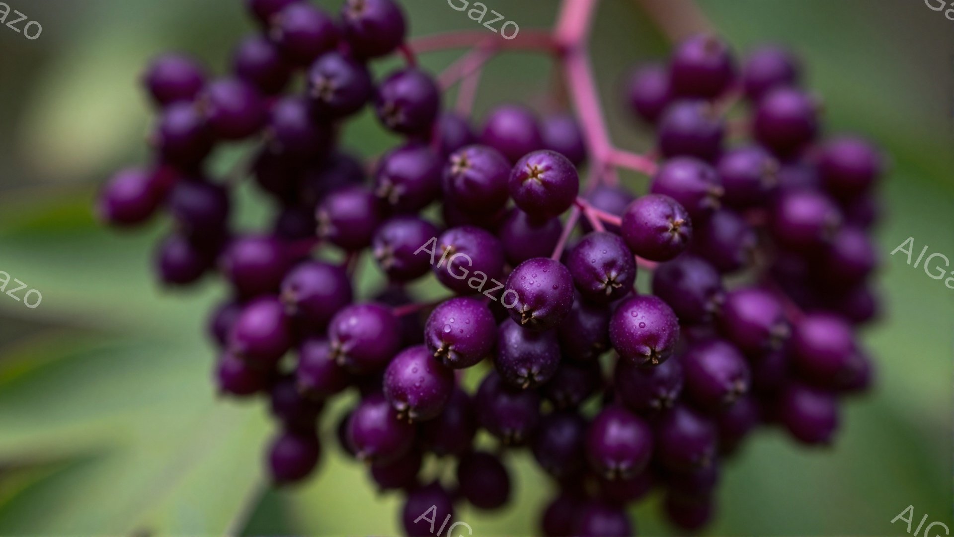 深い紫色の実が密集して房状にぶら下がっている様子が捉えられています。背景は緑色の葉でぼやけており、焦点は実そのものに当てられています。全体的に自然の静寂と生命力を感じさせる、美しいマクロショットです。