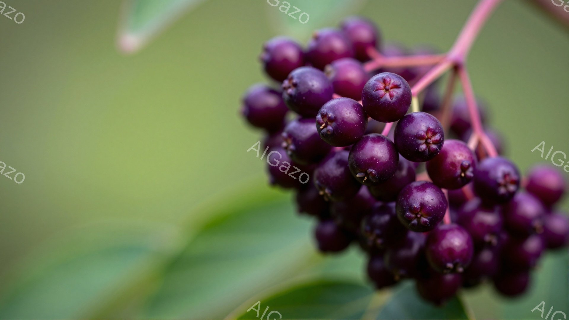 濃い紫色の実が房状に密集しており、光沢があり、熟した様子がうかがえます。背景は緑色の葉とぼやけた自然で、実の濃い色が際立っています。全体的に、自然の美しさと秋の収穫を連想させる、落ち着いた雰囲気です。